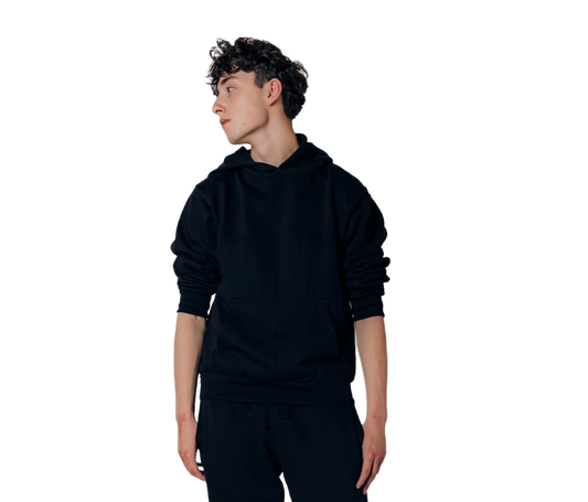 Person wearing a black hoodie on a white background