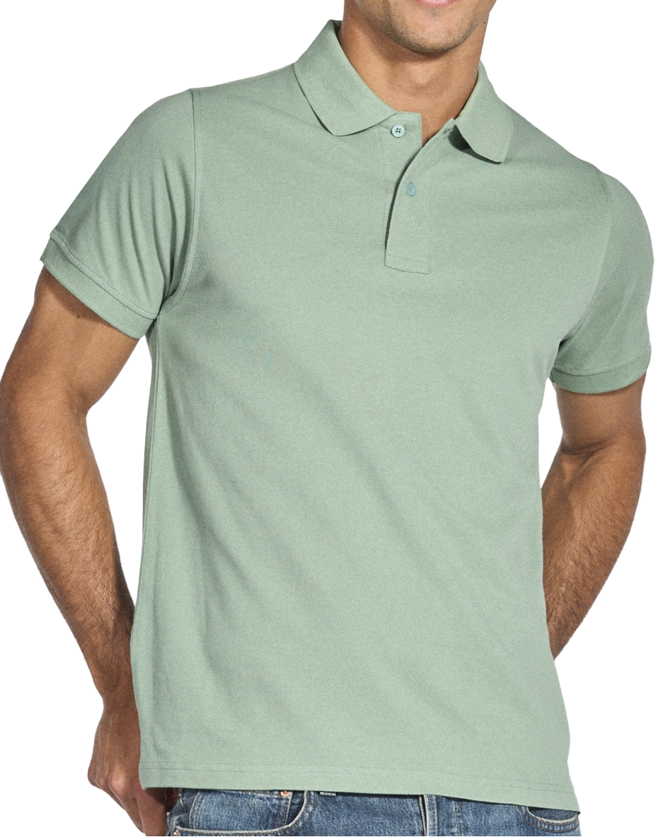 Man wearing a light green polo shirt on a white background