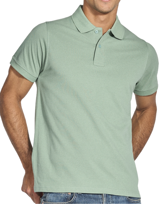 Man wearing a light green polo shirt on a white background